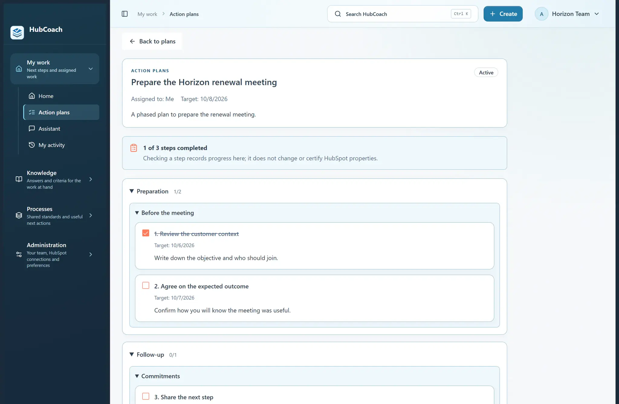 A phased action plan in the HubCoach web app: one of three steps done, with target dates and a note that checking a step does not change HubSpot