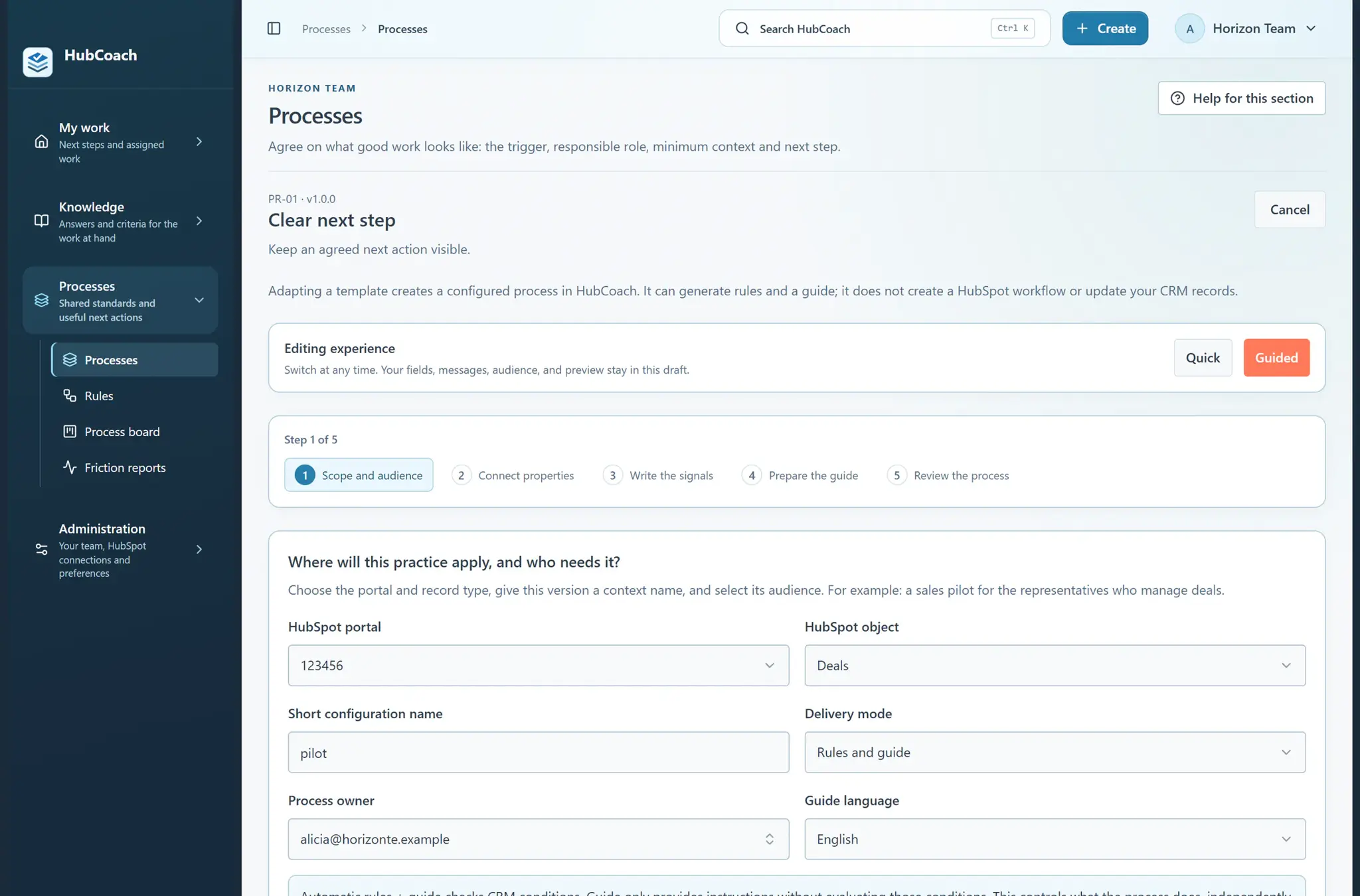 The Clear next step process template in guided mode: five steps, from scope and audience to reviewing the process, without creating HubSpot workflows