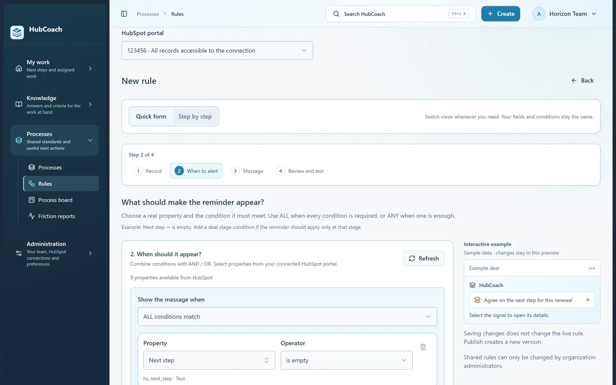 Guided rule creation in the HubCoach web app: step 2 of 4, with the condition Next step is empty on deals and an interactive example of the reminder