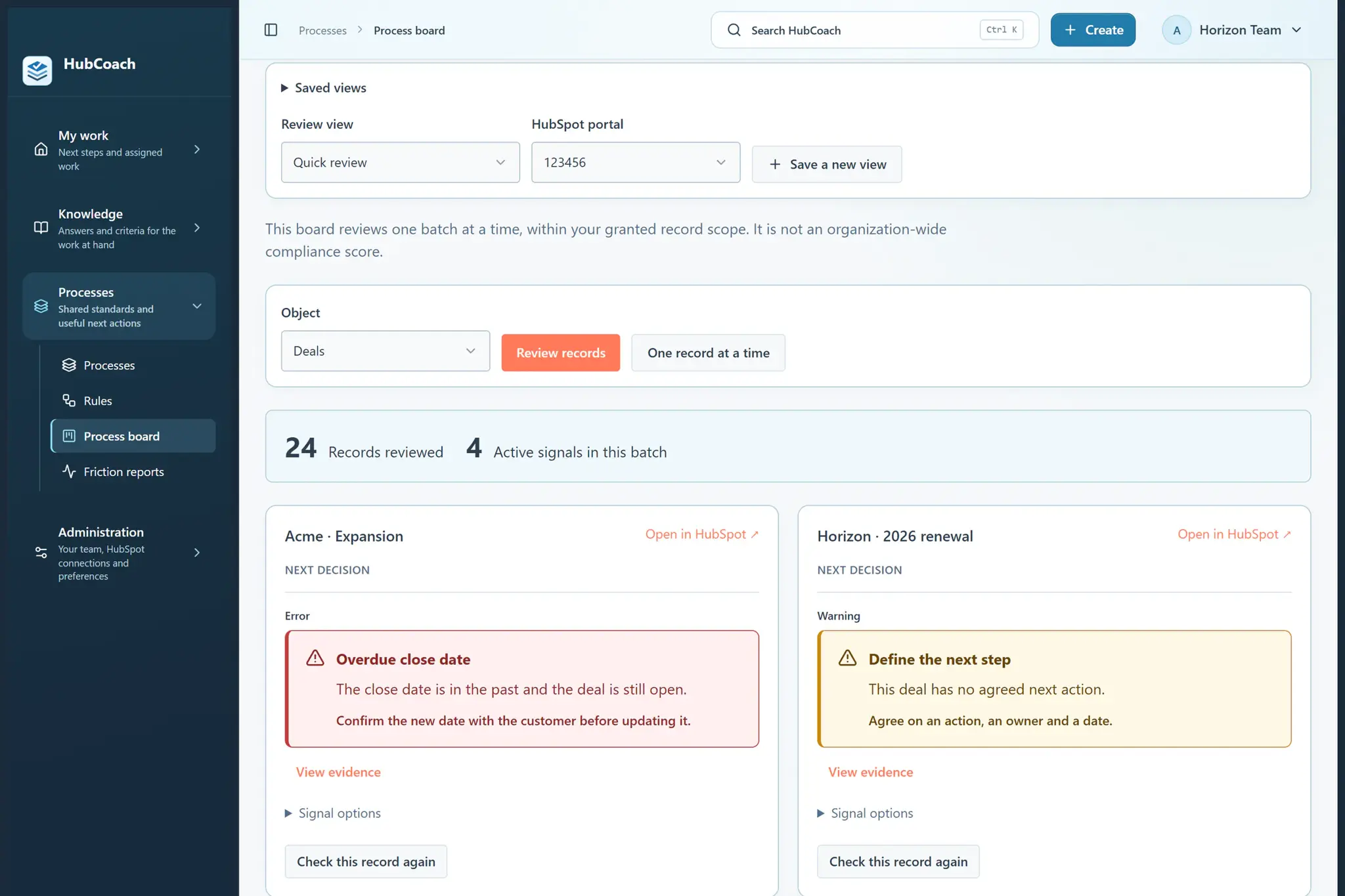 Process board with a review view: records reviewed, active signals and the next decision for each deal