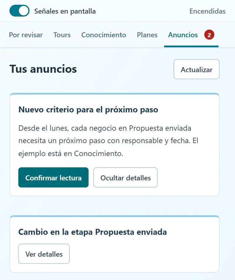 Anuncio del equipo abierto en el Panel Lateral con el botón Confirmar lectura y un segundo anuncio pendiente