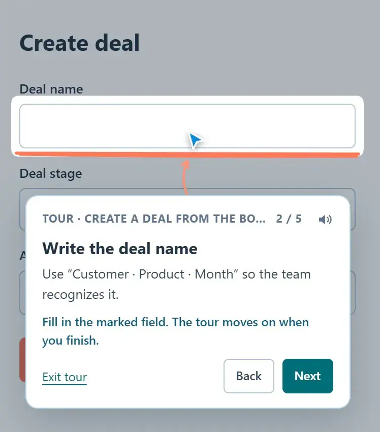 Guided tour at step 2 of 5: the balloon asks for the deal name and highlights the field in the create form