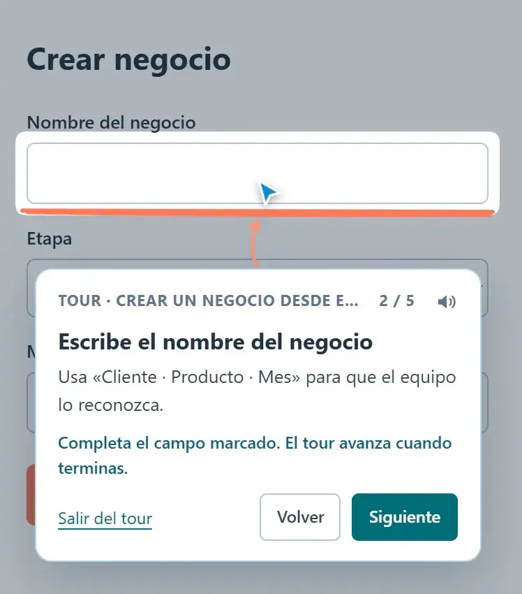 Tour guiado en el paso 2 de 5: el globo pide escribir el nombre del negocio y marca el campo en el formulario de creación