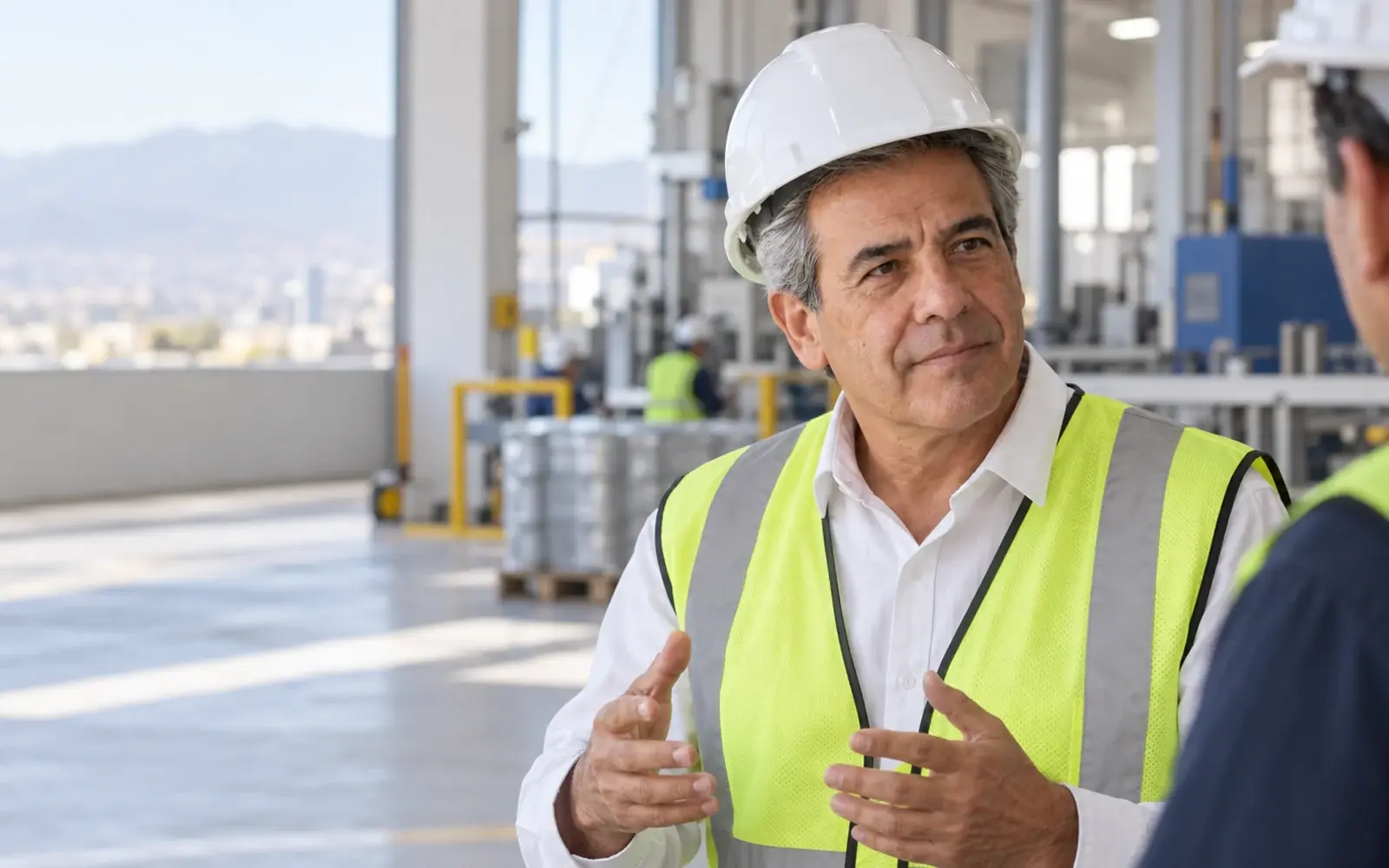 A person wearing a hard hat visits an industrial facility.