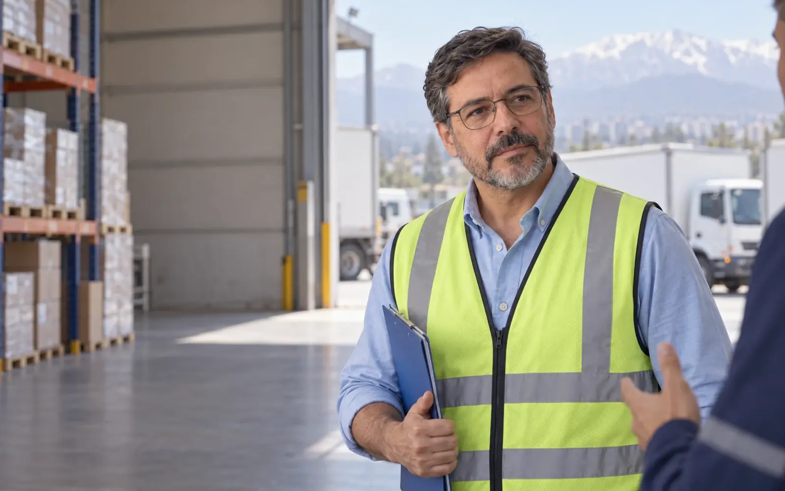 A person walks through a warehouse with trucks in the background.