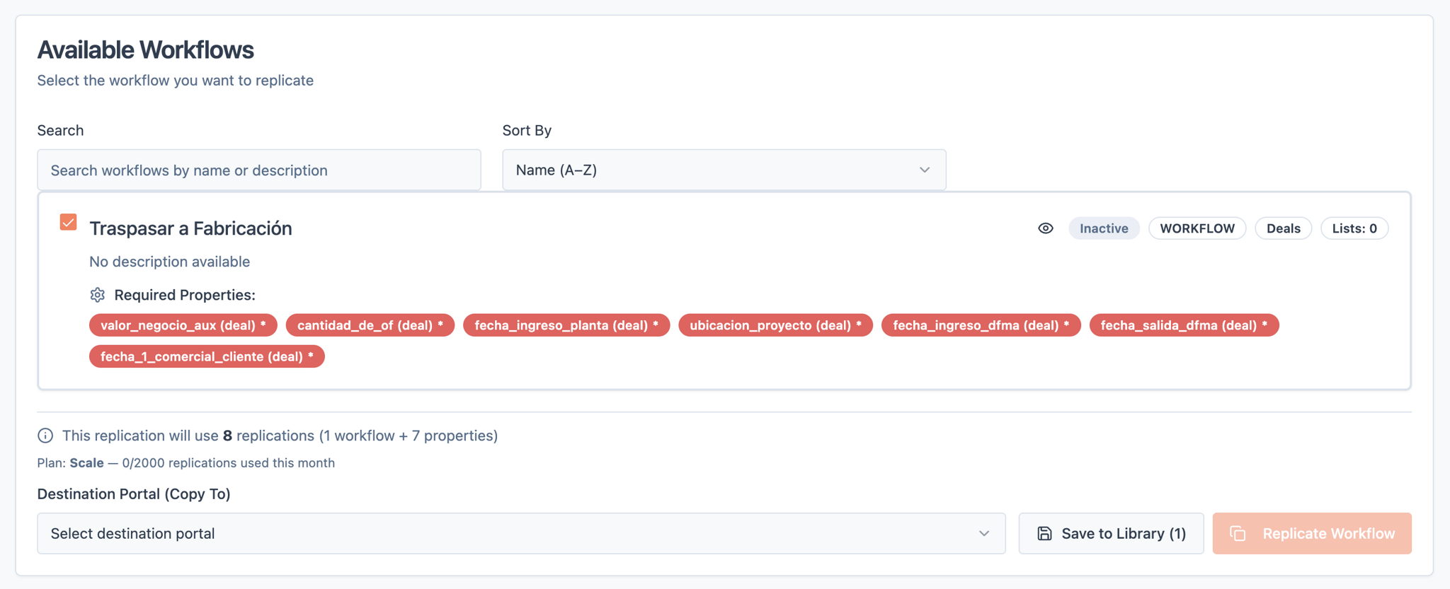 PortalSync showing a HubSpot workflow and its required properties before replication to another portal