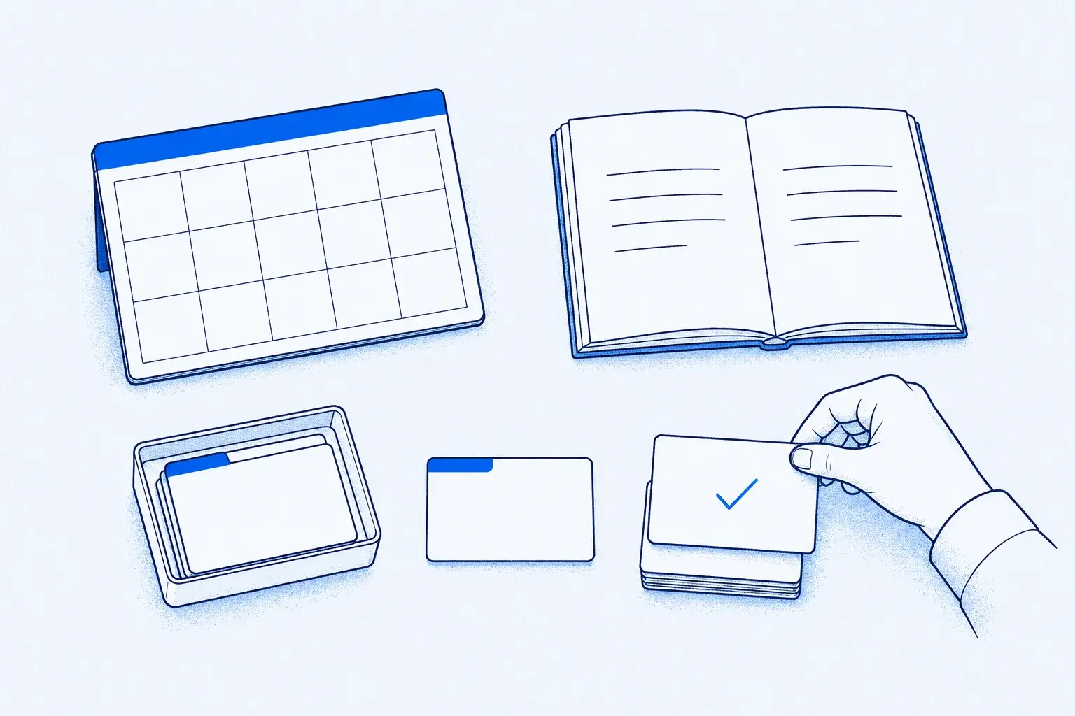 Un calendario, una guía y tareas completadas representan el trabajo mensual.