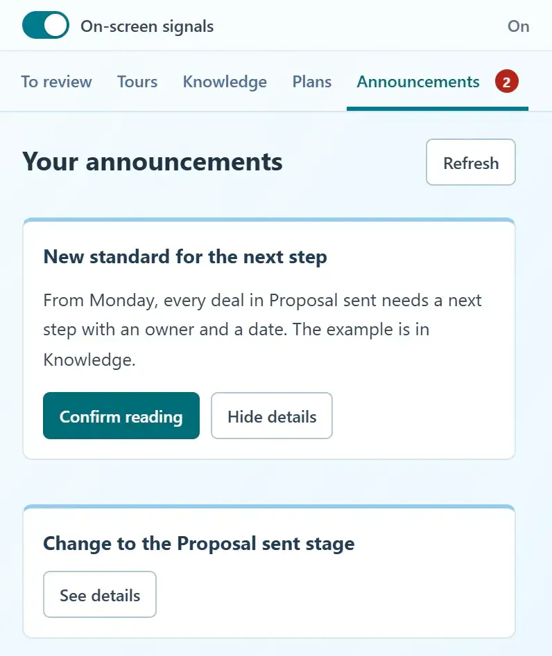 A team announcement open in the Side Panel with the Confirm reading button and a second pending announcement