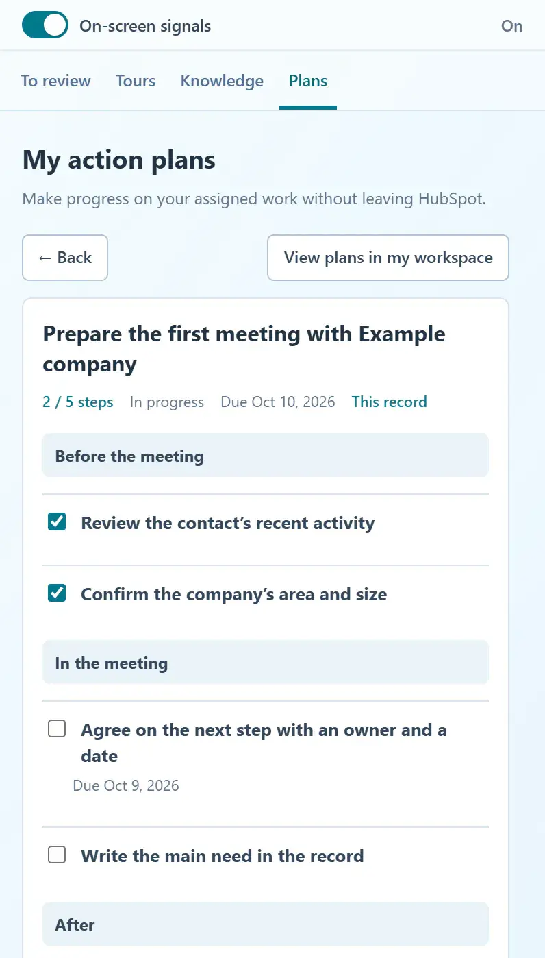 An assigned action plan in the Side Panel: two steps done, the pending next step with its due date and the before, during and after phases of the meeting