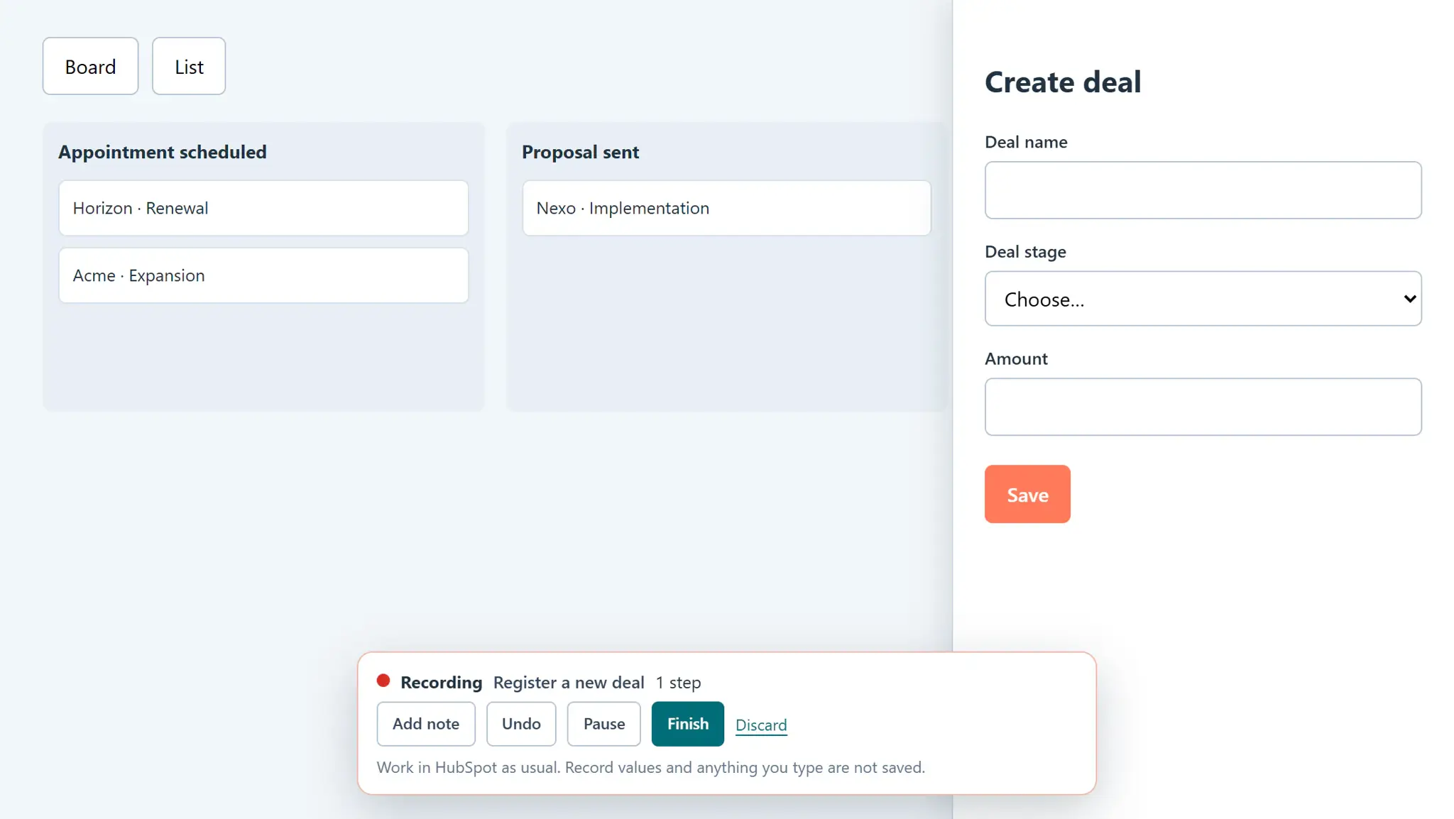 Recording a tour: the HubCoach bar shows Recording, the tour name and the first recorded step while the person works in the form