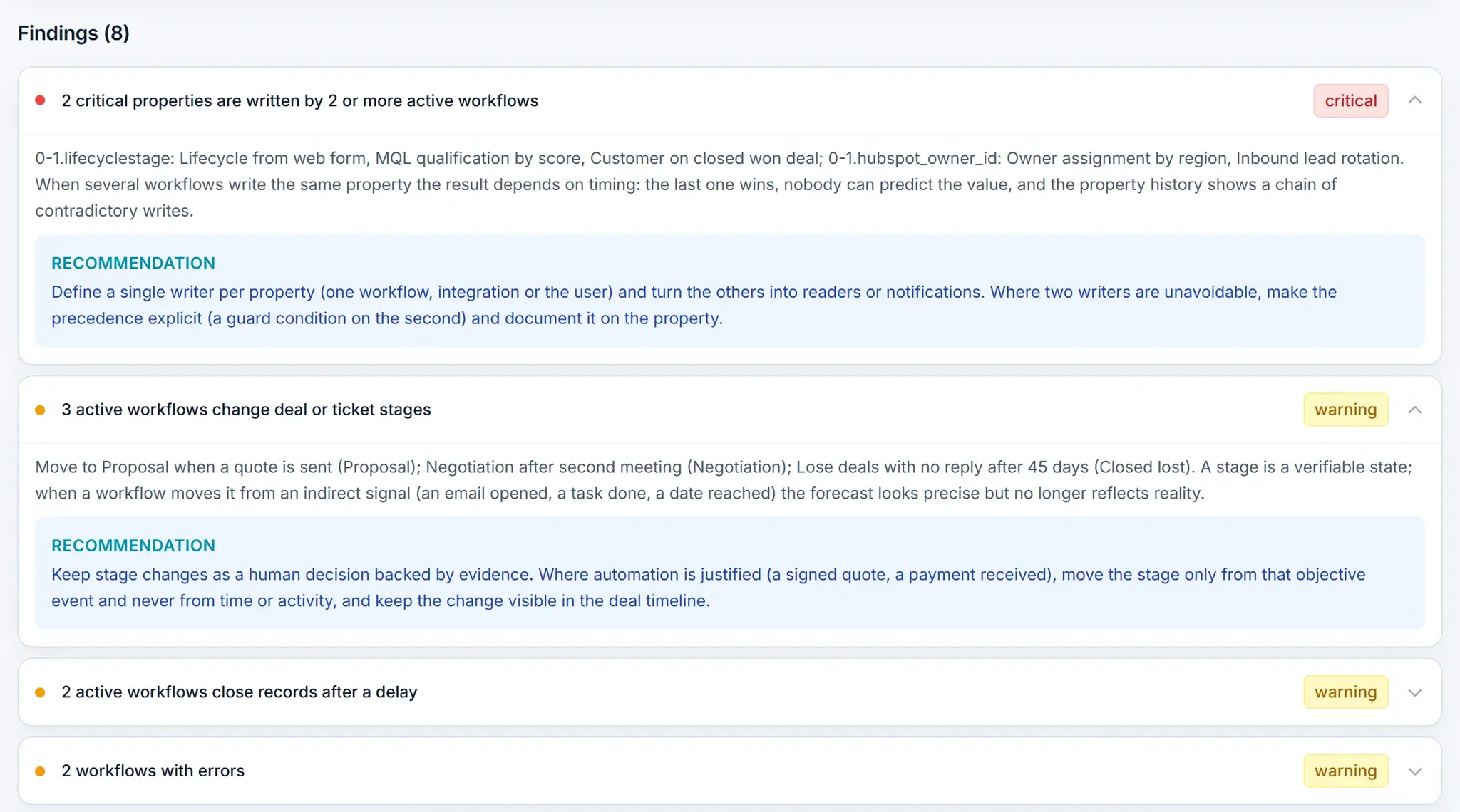 Workflow findings: critical properties written by several workflows and workflows that change stages, each with its recommendation.