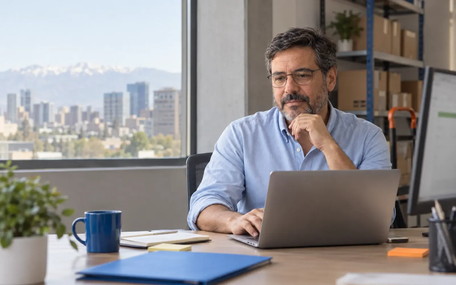 A person reviews a laptop in an office beside a warehouse.