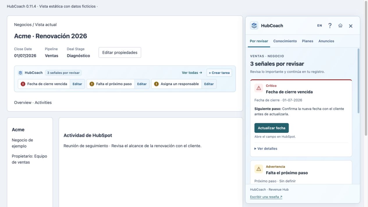 Franja de señales y Panel Lateral de HubCoach junto a un negocio ficticio en el CRM