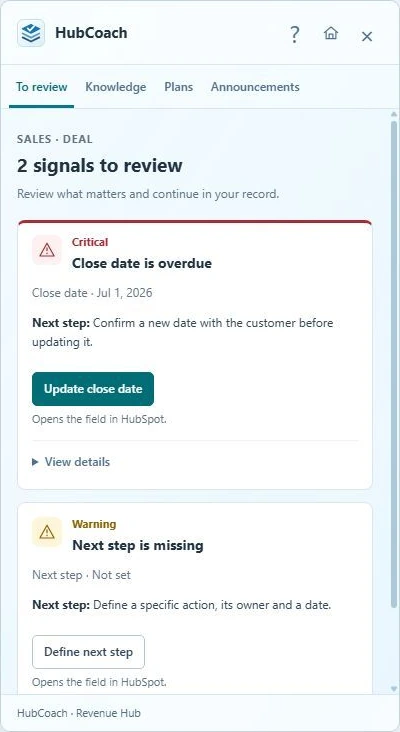 HubCoach Side Panel showing an overdue close date and a missing next step, with guidance and actions to open the fields in HubSpot.