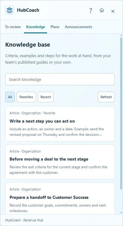 HubCoach extension knowledge library showing guidance for next steps, deal stages and customer handoffs.