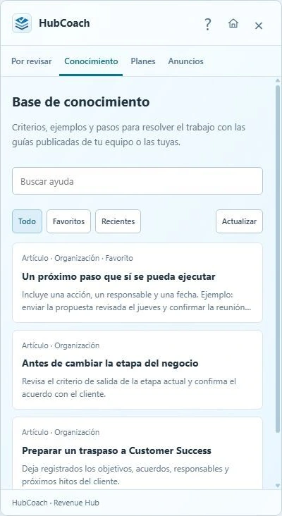 Biblioteca de la extensión HubCoach con guías de próximos pasos, etapas del negocio y traspasos de clientes.