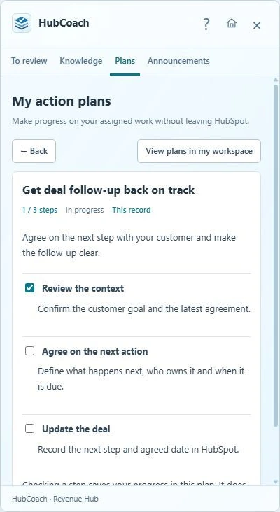 HubCoach extension showing an assigned deal follow-up plan with one of three steps completed.