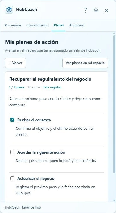 Extensión HubCoach mostrando un plan de seguimiento de un negocio con uno de tres pasos completados.