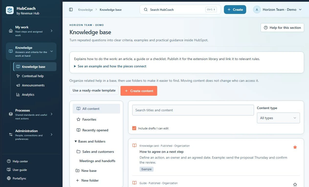 HubCoach web knowledge base with folders, search, favorites and published guides for the team.