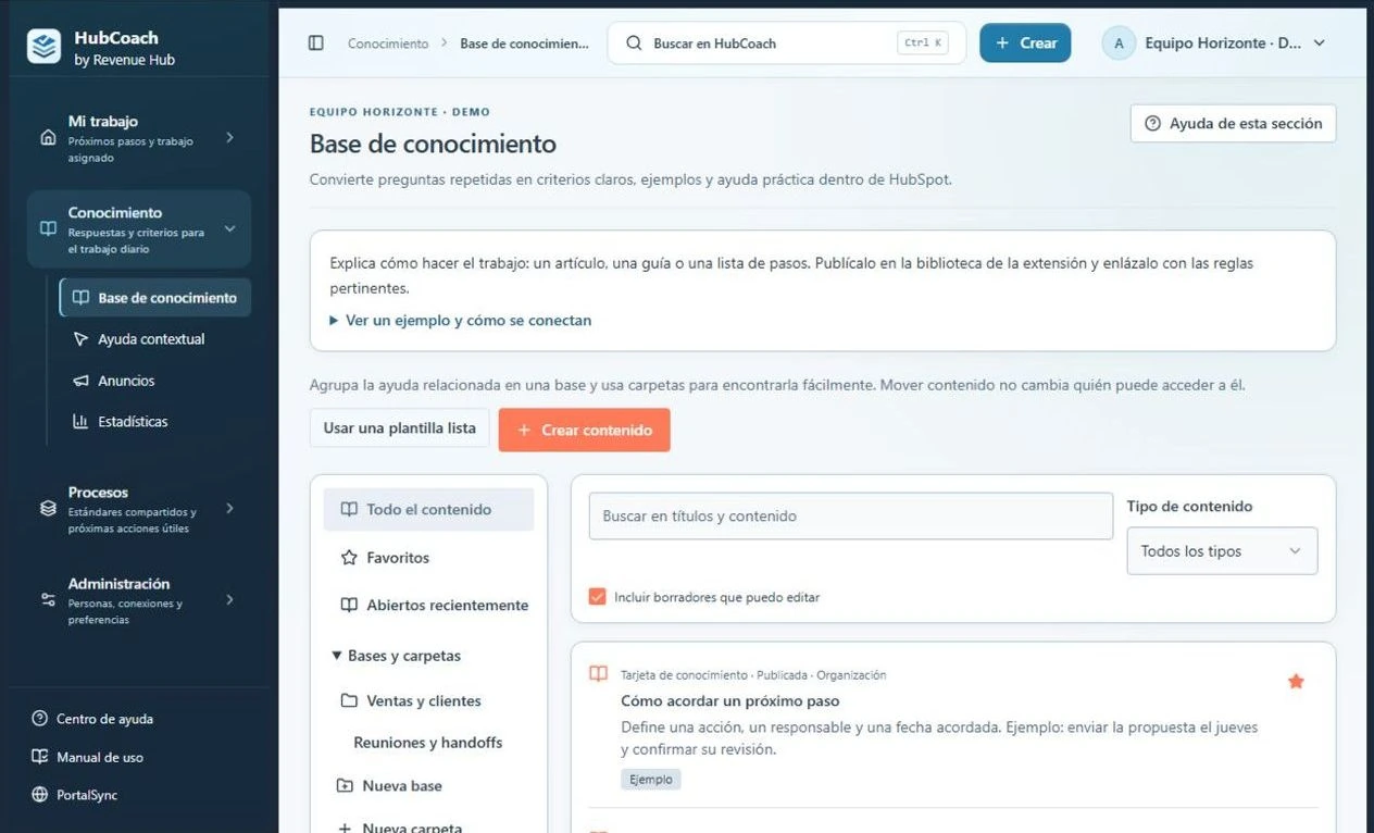 Base de conocimiento de la aplicación HubCoach con carpetas, buscador, favoritos y guías publicadas para el equipo.
