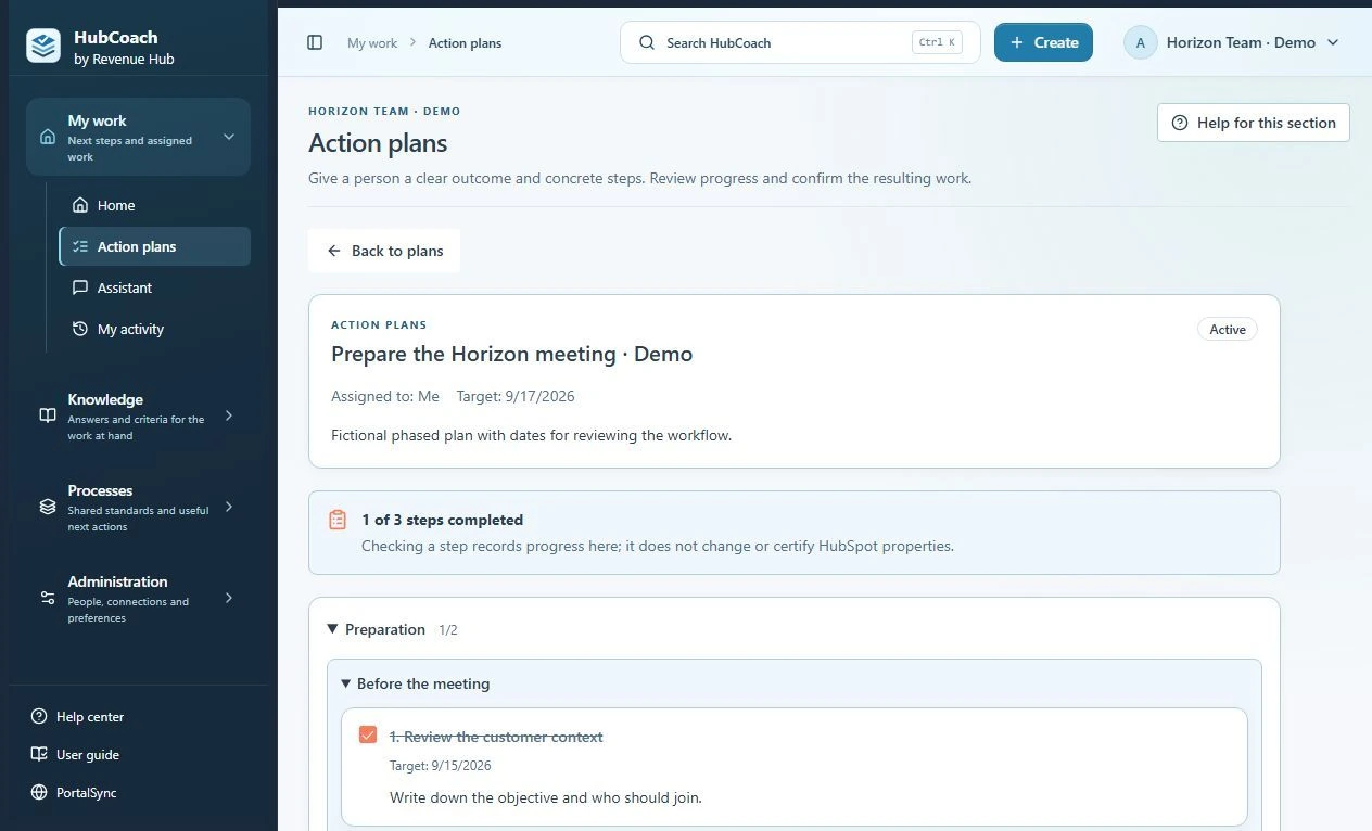 HubCoach web action plan with an assignee, due date, phases and step progress.