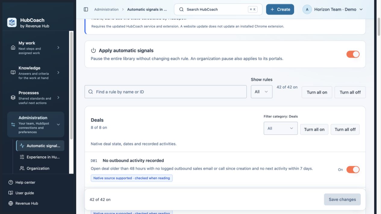 HubCoach administration with category filters and individual switches for built-in checks