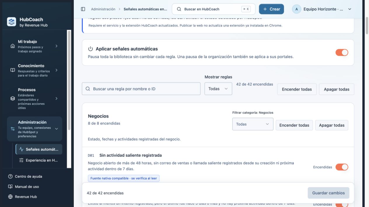 Administración de HubCoach con filtros por categoría e interruptores individuales para las comprobaciones predefinidas